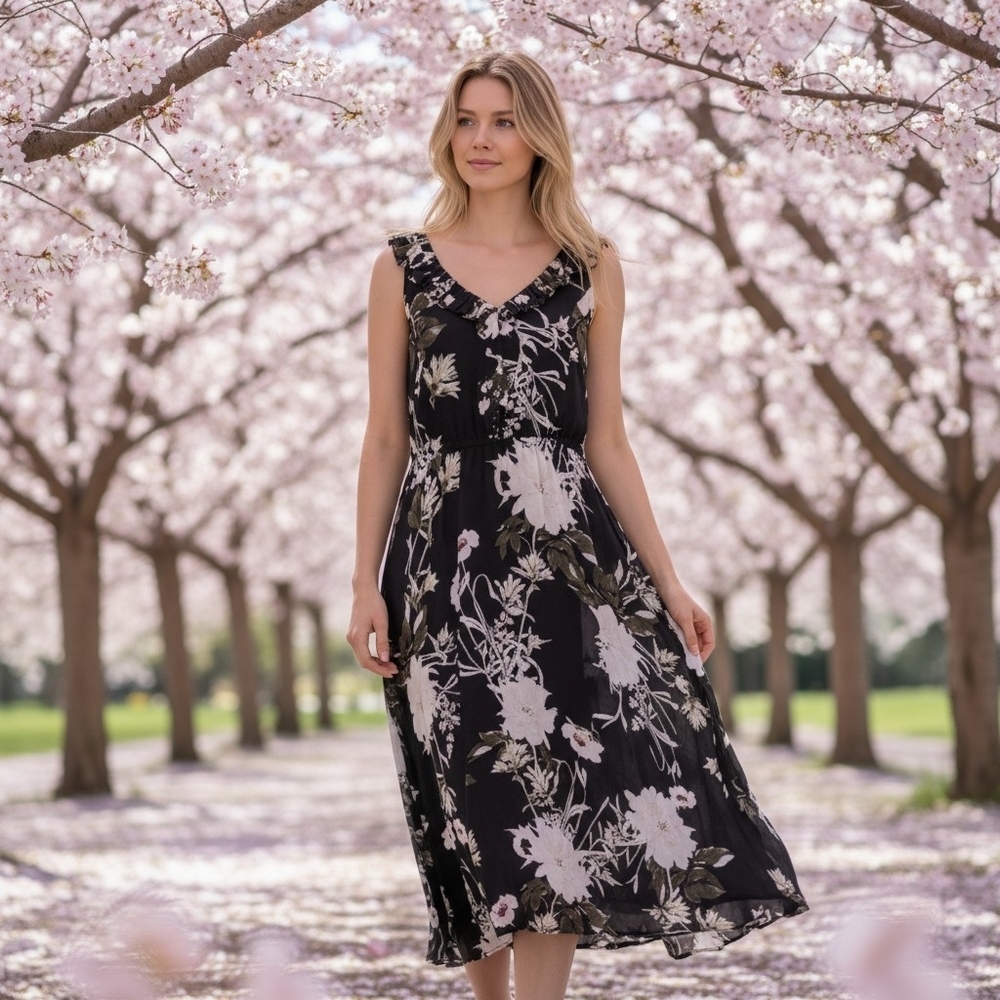 Lucky Brand Black Florals Sleeveless Dress With Ruffle Neckline And Lace Up Back